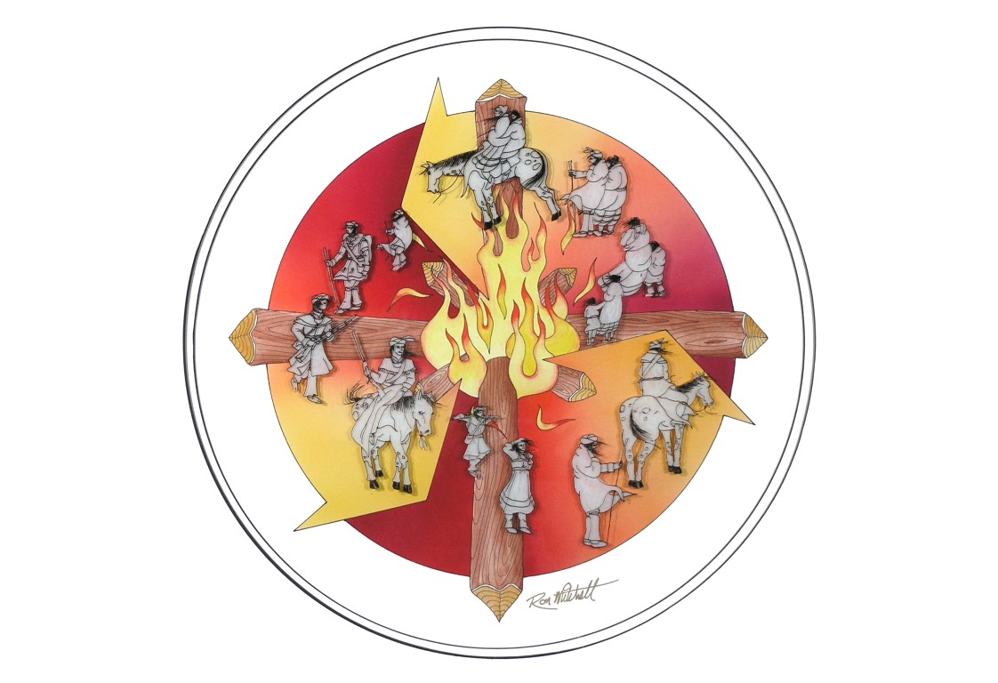 Three groups of People ascend from the “Sacred Fire”,  representing the Cherokee Nation, Eastern Band of Cherokee Indians and United Keetoowah Band.  Walking in a counter clockwise direction in harmony with the rotation of Mother Earth they walk homeward to complete the circle around the sacred fire.